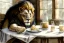 Placeholder: Lion sitting at a table eating garlic and drinking milk. Highly detailed, smooth colours, realistic landscape. Aquarell