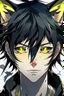 Placeholder: anime male with messy black hair, black cat ears, gold eyes, realistic