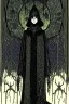 Placeholder: 7 year old boy, necromancer, friendly, looks dead, with weird mushrooms growing out of him, wearing black robes, in the style of Harry Clarke