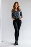 Placeholder: A full-body shot of a beautiful lady wearing shirt and tight pant with boots ,curvy hair