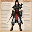 Placeholder: character concept sheet with AD&D statistics and characteristics, [illustration by Kevin Eastman and Peter Laird] female samurai in agent provocateur: local vs. global