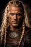 Placeholder: portrait of a 40 year old viking , long blond hair with Two braids hung down neatly in front of his ears. Rugged face with a scar. blonde beard, fantasy