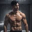 Placeholder: Hyper realistic Extremely Handsome shirtless with short black hair muscular man taking bath with black shirt in a dark shower room