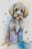 Placeholder: Abstract wet watercolour of a cockapoo, ink lines, splashy background detailed,focus on eyes, watercolour paper