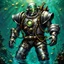 Placeholder: 90's tcg art silver steampunk male diver with power armor and huge pauldrons fantasy glowing helmet underwater