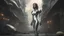 Placeholder: three-quarter view of a woman in a silver robotic catsuit standing in a futuristic derelict city with mushrooms with tentacles floating in the sky