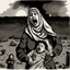 Placeholder: A Palestinian woman wearing the Palestinian dress carries her dead son as she screams and cries at night, with explosions in refugee tents behind her.