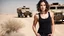 Placeholder: beautiful caucasian female technician, black tank top, well toned muscles, scratched sand camo metal details, short brunette wavy bob haircut, dystopian, desert scene