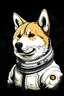 Placeholder: Cartoon side image (emoji) of a beautiful Shiba Inu wearing a white space suited, drawn by Caravaggio