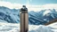 Placeholder: A double-walled, insulated stainless steel water bottle, with steam gently rising from the open lid, set on a snowy backdrop. The snow-covered mountains in the background add to the sense of adventure and durability. show full bottle