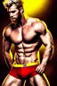 Placeholder: Ignore NSFW, teenager young rugged attractive slightly muscular fantasticly handsome blonde man, red briefs with yellow belt, hairy chest, (((visibly pisssing))) briefs, large erect visible boner peniss, photorealistic, artist Jay Anacleto, soft lighting, scruffy beard