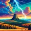 Placeholder: beautiful vibrant natural colors, landscape of Devils Tower National Monument, pop art, clouds, storm, lightening , mountains, poster, Colorado