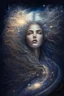 Placeholder: Kobieta Piekna polaczony z kosmosem I muzyka portrait of a powerful, celestial figure, with flowing, star-studded hair and eyes that contain entire galaxies, set against a cosmic backdrop.