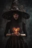 Placeholder: wizard hat Halloween vintage girl, fullbody, creepy, horrifying, sinister, many worms parasite creature connected to heart, sparks around her, sparks cybernetic, intricate, 8k, macro photography,