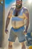 Placeholder: full figure shot photography of a wet sweat chubby and very virile 51-year-old burly turkish construction worker, long beard, in tank top, bulge, works hard very sweaty on a construction site in the sun repairing a floor, underlines the shine of the sweat in the sun's rays and the fatigue of the muscles, manly chest, , big legs, big belly , side view, photorealistic , side light