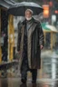 Placeholder: Ultra realistic A photograph of an old man walking in the rain making eye contact with the viewer in a mid-shot view, futuristic style, HOF, captured with professional DSLR camera,64k, ultra detailed,