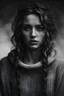 Placeholder: A black and white photorealistic image of a unique-looking young woman with a sad, stoic expression, tears streaming down her face. She has three ear piercings and is wearing a textured sweater. The image should convey a sense of raw emotion, and the woman should look like an everyday person rather than a professional model.