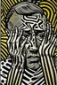 Placeholder: tribal man in grief with hands on face pencil draw style of roy lichtenstein