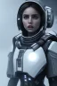 Placeholder: Ana de Armas, identical features, Black intergalactic pilot suit, portrait, bright white eyes, wearing high tech pilot breathing mask, beautiful face, white smoke, dark, rage, sorrow, high definition, ultra 8 k, volumetric lighting, blue fire, fog