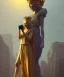 Placeholder: Statue of Queen of photography holding camera in hands. Cute blonde woman. Photographer in golden crown. Standing on the street. Big camera in her hand. hyperdetailed, photorealistic, trending on artstation, greg rutkowski, beksinski, kodachrome, volumetric lighting, gold and cyan