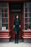 Placeholder: Photorealistic image of a young unhappy woman with dark hair, in a black skirt, leggings, boots and shirt, standing outside an old shop front with large red painted multi-paned picture windows on either side of a multi-paned doorway.
