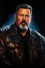 Placeholder: 58-year-old Elvin P. Resley with crew-cut dark brown hair tapered on the sides, gray goatee, bushy eyebrows, blue eyes, overweight, wearing a leather jacket - pitch black background with an overhead spotlight effect, extremely colorful, oil painting by Jim Lee