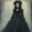 Placeholder: create full body oil pastel of a dark haired, savage, ornately dressed, gothpunk vampire girl with highly detailed , sharply defined hair and facial features , in a foggy 19th century Moscow, in the style of JEAN-FRANCOIS MILLET