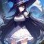 Placeholder: Clear focus, High resolution, Black long fluffy hair, purple eyes, wearing a witch outfit, wearing a white short skirt