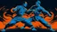 Placeholder: An image of two wushu fighters fighting in a black, orange, and blue color scheme.