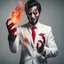 Placeholder: a scary man with fire in the palm of his hand wearing a white suit with a red tie who has no face