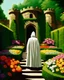 Placeholder: Castle hedge maze with multicolored flowers and hooded figure in white robes rpg art painterly