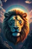 Placeholder: The face of a powerful lion with blue eyes and a large sun behind its head in a beautiful and amazing view and psychedelic atmosphere.
