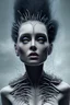 Placeholder: 4K Ultra-HD, Hyper realistic, cinematic lighting -- the bride of Frankenstein , short, bowl-cut black hair, dead eyes, Yellow skirt, blue blouse with short poofy sleeves, extremely pail skin, wilted Rose pedals, gloomy, foggy, Castle, Full body image -- 4k, stunning, dramatic lighting, dramatic background, cinematic, atmospheric, very detailed, historic, powerful, octane rendering, exquisite detail, 30 - megapixel, 4k, 85 - mm - lens, sharp - focus, intricately detailed