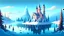 Placeholder: cartoon illustration: a large beautiful frozen lake and next to the lake is a magical castle. The castle is on a hill, surrounded by pine trees.