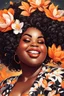 Placeholder: Create a abstract cartoon art style image of a plus size black female looking down with a smile on her face. Prominent makeup with hazel eyes. Highly detailed messy curly bun with a hair scarf tied on her head with large orange magnolia flowers surrounding her. 2k