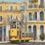 Placeholder: lisbon city view with famous yellow tram and azulejos tiles, indie folksy style