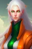 Placeholder: fantasy setting, woman with orange and white hair, green eyes, tall and thin, kind, soft facial traits