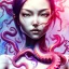 Placeholder:  Asian woman, leaning pose, octopus, pink short hair, latex suit, style <Yoji Shinkawa>, Bones, watercolor illustration by <agnes cecile> squid, intricate detail , portrait, high lighting, Gradient background,