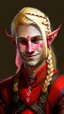Placeholder: A young elf with blond hair in a single braid and a smirk. He is dressed in an artist's costume mixing red and black as the main color.