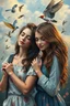 Placeholder: College pictures of love, birds, beautiful women, oil painting style, for famous artists , ultra high quality, 8k, cinematic