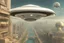 Placeholder: flying saucer with portals with angelina jolie inside the flying saucer flying over future alien city close up of angelina jolie as photo realistic