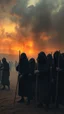 Placeholder: Bosch painting style nightmare , 3D ,a group of prisoners slave in black tied together in line in a dramatic misty scene of the sunset time in a stormy weather in the desert background, high Quality picture , 8k