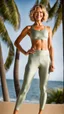 Placeholder: woman in satin yoga leggins, standing towards camera, face towards camera, total body, standing frontal, photographed by rankin, surfer hair, good shape, background palmtrees, medium length wavy bob haircut, satin, shiny, subtle smile