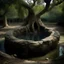 Placeholder: An ancient tree stands in a dry forest. The tree trunk of the tree is hollow and inside this bowl-like hollow is a pool of crystal-clear water.