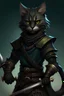Placeholder: Black furry female Tabaxi cat rogue assassin wearing leather with daggers