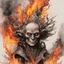 Placeholder: create an abstract ink wash and watercolor caricature of an aged , but beautiful, malevolent, ornately dressed , 14th century sorceress engulfed in fire ,highly detailed with refined facial features in the cartoon caricature style of Gerald Scarfe and Ralph Steadman precisely drawn, boldly inked, vividly colored, 4k