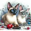 Placeholder: Surreal mixed-media combining wet watercolor, tempera paint, and fine line pen drawing of a wedge shaped face, large ears, green eyed, blue and white mackerel tabby, Oriental Shorthair and a chocolate point Siamese cat sitting together on a blanket with toy red mouse and at xmas time