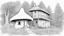 Placeholder: Ground-level outline sketch of a mushroom house in the woods