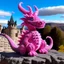 Placeholder: A pink magical dragon on top pf a castle designed in Navajo yarn