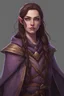 Placeholder: cahotic neutral charismatic Wood Elf Bard Female with pale skin and very sharp features, long brown hair, wearing a purple vest and brown adventurer's cloak with a smug face. Holding lute.
